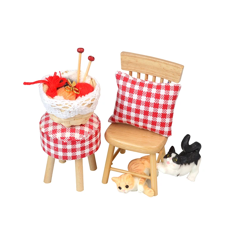 

1Set Photo Props 1:12 Scale Dollhouse Furniture Miniature Chair Wood Mini Stool Little Cat Scene Model DIY Accessories