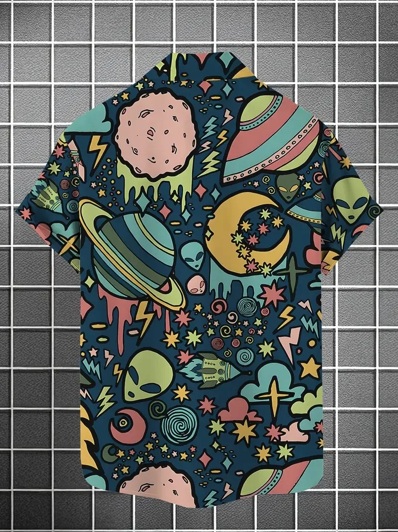 Men's Summer Fashion Planet Alien Print Shirt, Breathable Fabric, Short Sleeve, Hawaiian Style