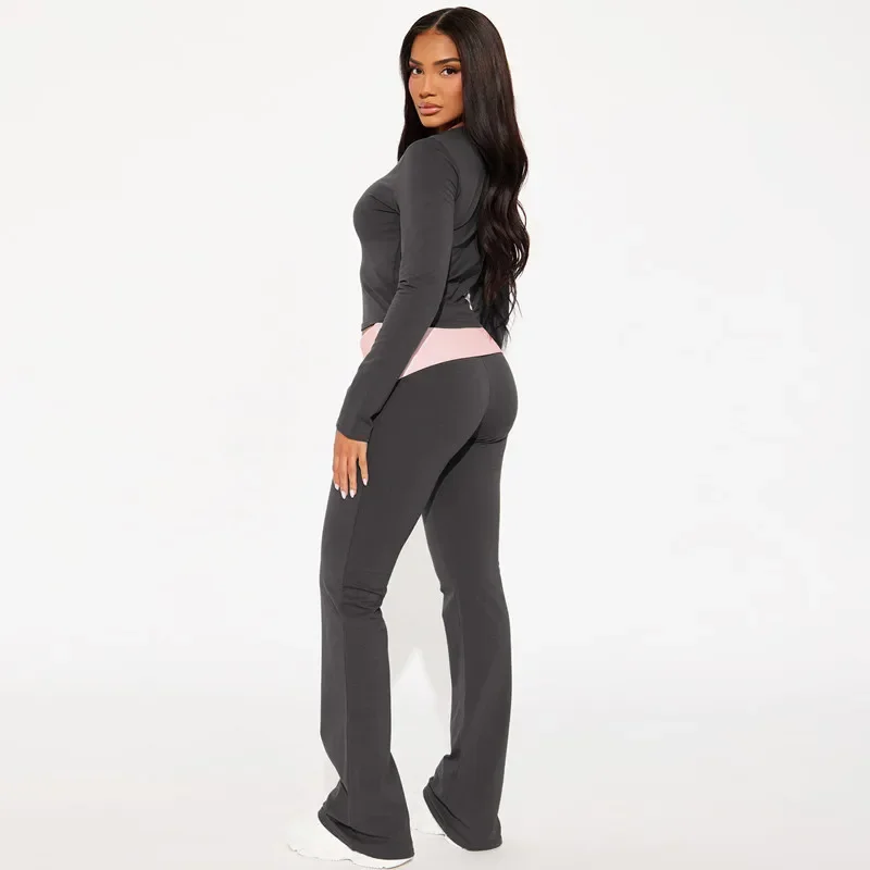 Cpsymym casual conjunto de calças de duas peças para mulheres outono diamante retalhos manga longa topos contraste alargamento calças corredores combinando se