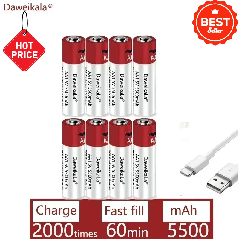 

Hot USB AA Rechargeable Batteries 1.5V 5500 mAh li-ion battery for remote control mouseElectric toy battery + Type-C Cable