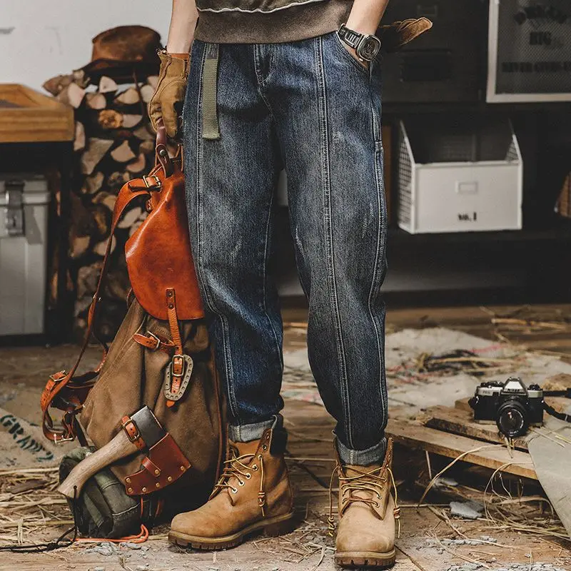 Invisible Open-crotch Outdoor Sex Boyfriend Jeans Heavy Retro Versatile Washed Scratched Stretch Slim Casual Cargo Trousers Men