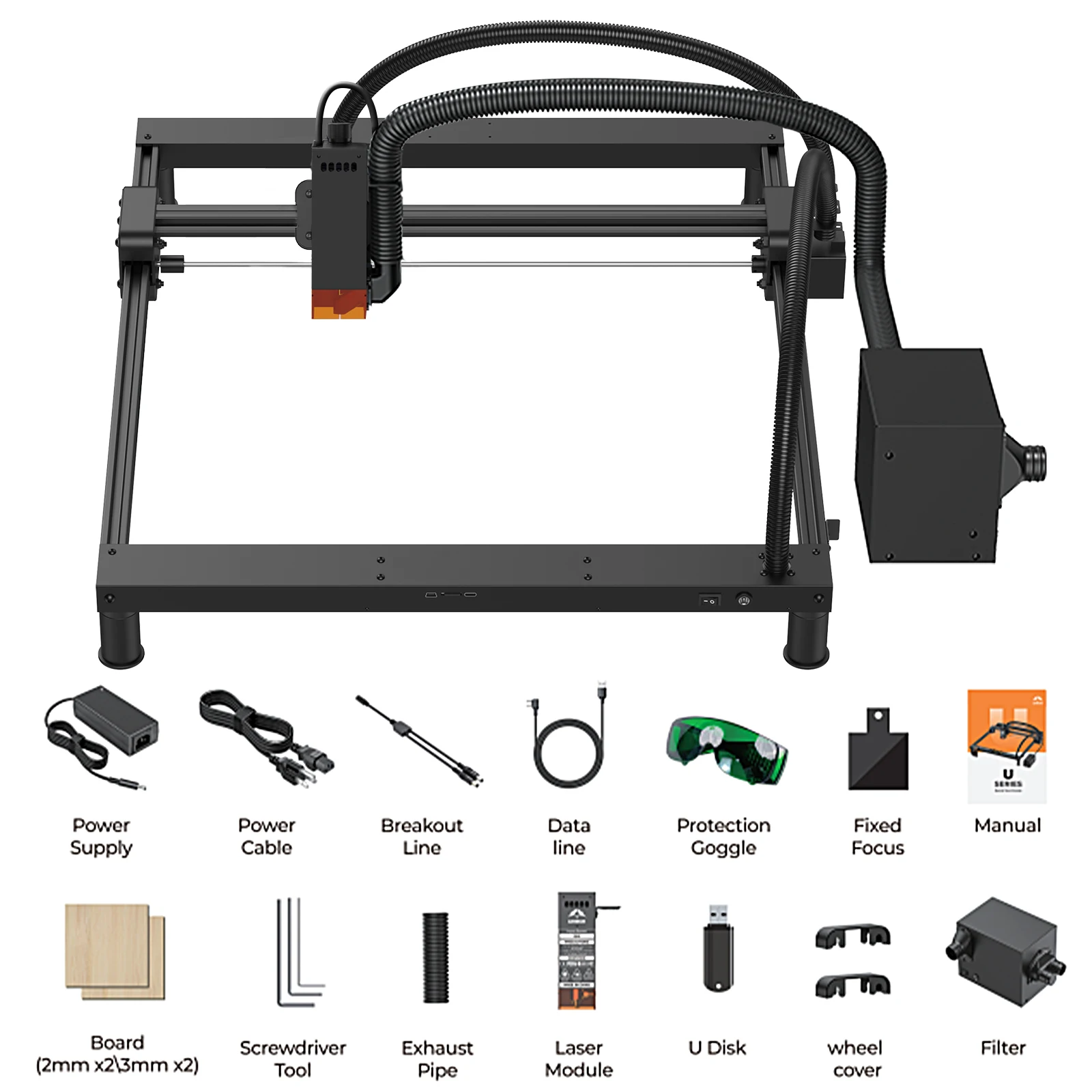 AENBUSLM 10W 80W Laser Engraving Machine Cutting, With air-assisted filter, automatically suck away smoke, Stainless Steel, Acry