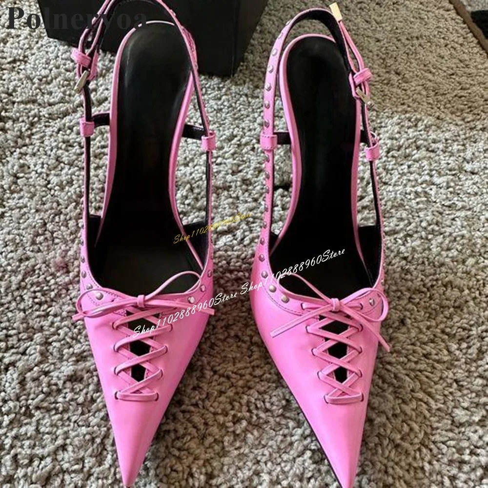 Slingback Pink Cross Tied Bowknot Rivet Sandals Thin High Heel Women Shoes Back Strap Pointed Toe 2024 Sexy Zapatos Para Mujere