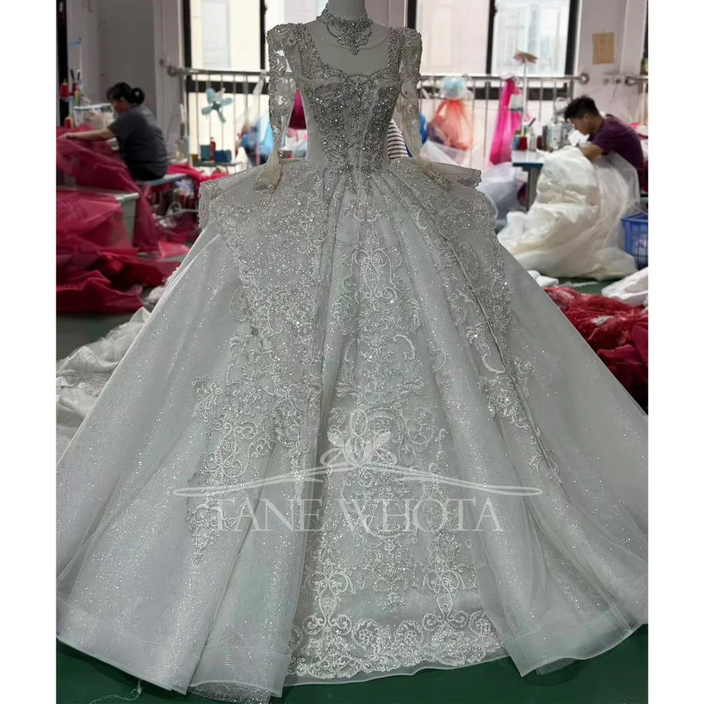 Crystal Sequined Bridal Dress O-Neck Long Sleeve Lace up Keyhole Back Embroidery Wedding Dress for Women
