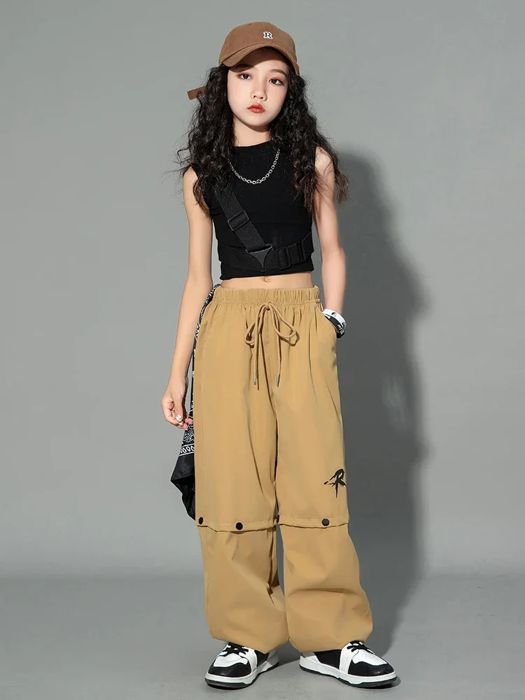 Modern Dance Clothing Stage Performance Suit New Jazz Costume Girls Summer Hip Hop Clothes Black Vest Khaki Pants Kids