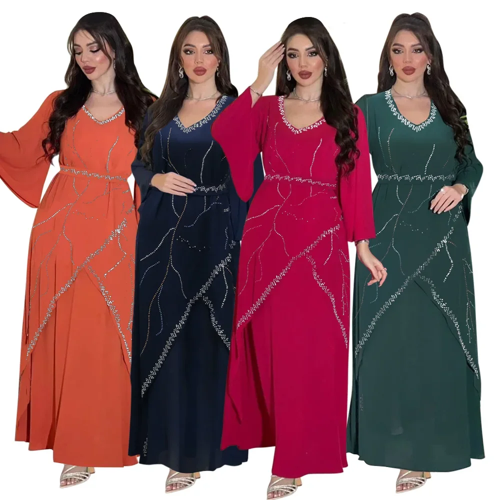 Luxury Middle East Muslim Abaya Dress for Women Eid Arab Femme Party Jalabiya Islamic Turkey Dresses Belted Moroccan Caftan Robe