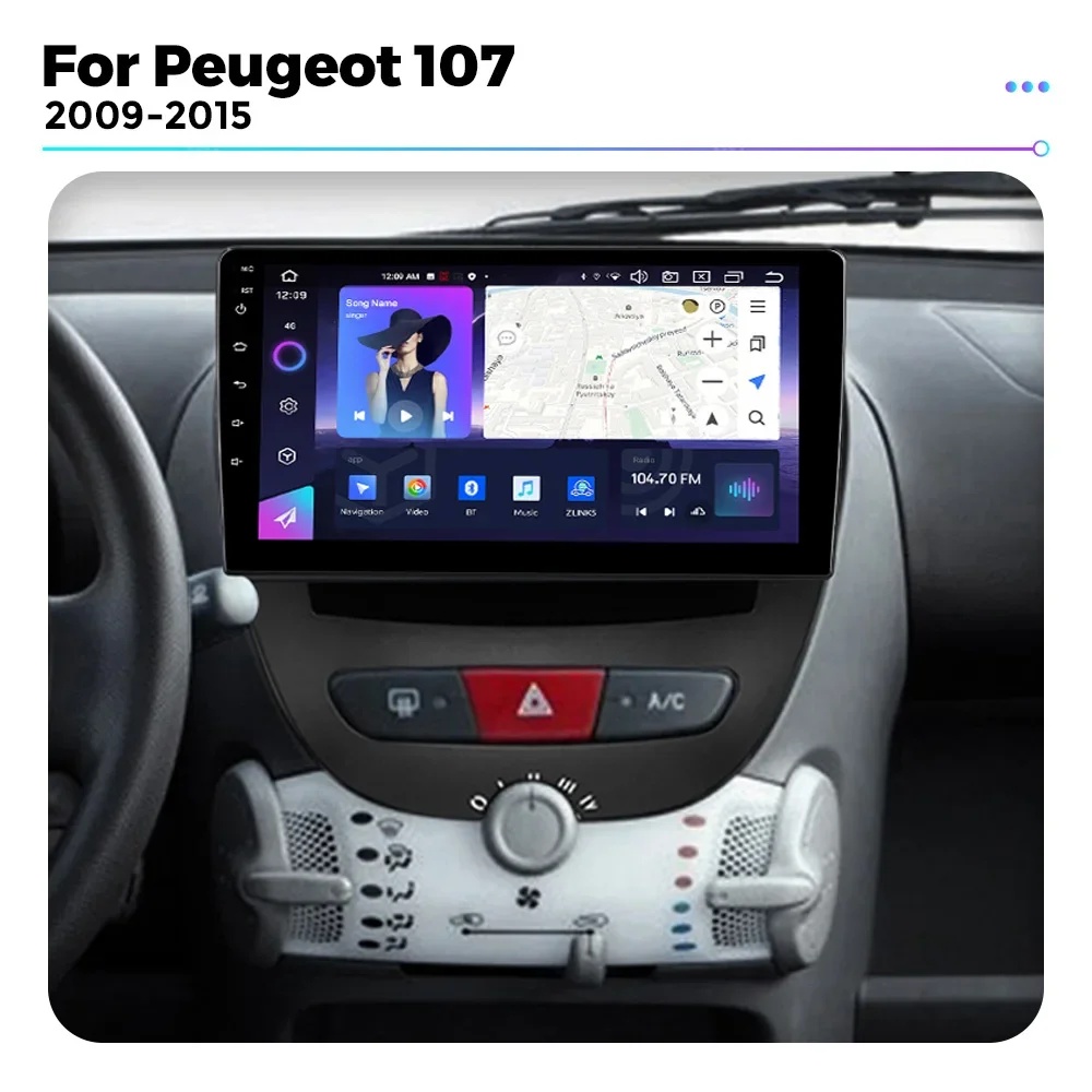 For Peugeot 107 Citroen C1 2009-2015 8-core GPS player DSP RDS QLED Android 13 Car Radio 8+256GB 4G WIFI Carplay Auto connection