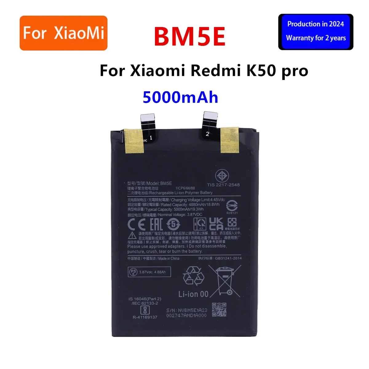 

2024 years 100% Orginal BM5E 5000mAh Replacement Battery For Xiaomi Redmi K50 Pro K50Pro Mobile Phone Batteries