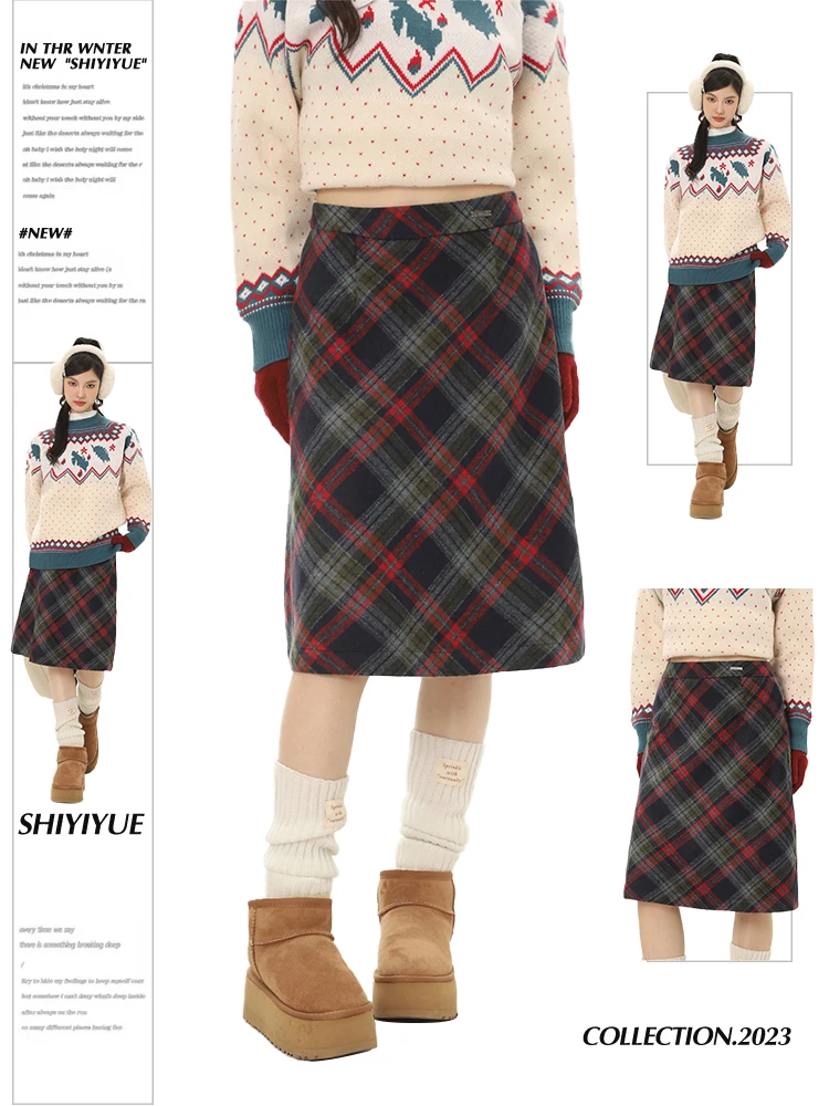 

High Waist Plaid Woolen Midi Skirt Women's Spring Autumn Slim A-Line Skirt Casual Style Teen Girls Student Friendly