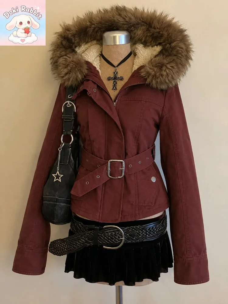 American Retro Punk Women's Overcoats Thicken Vintage Faux Fur Women Coat Korean Fashion Red Subculture Warm Y2k Korean Jackets