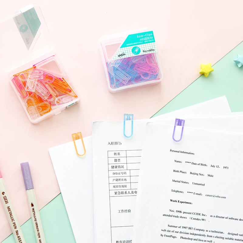 60pcs/box Colored Plastic Paper Clips Decorative paperclip bookmarker for book Stationery office supplies desk accessories