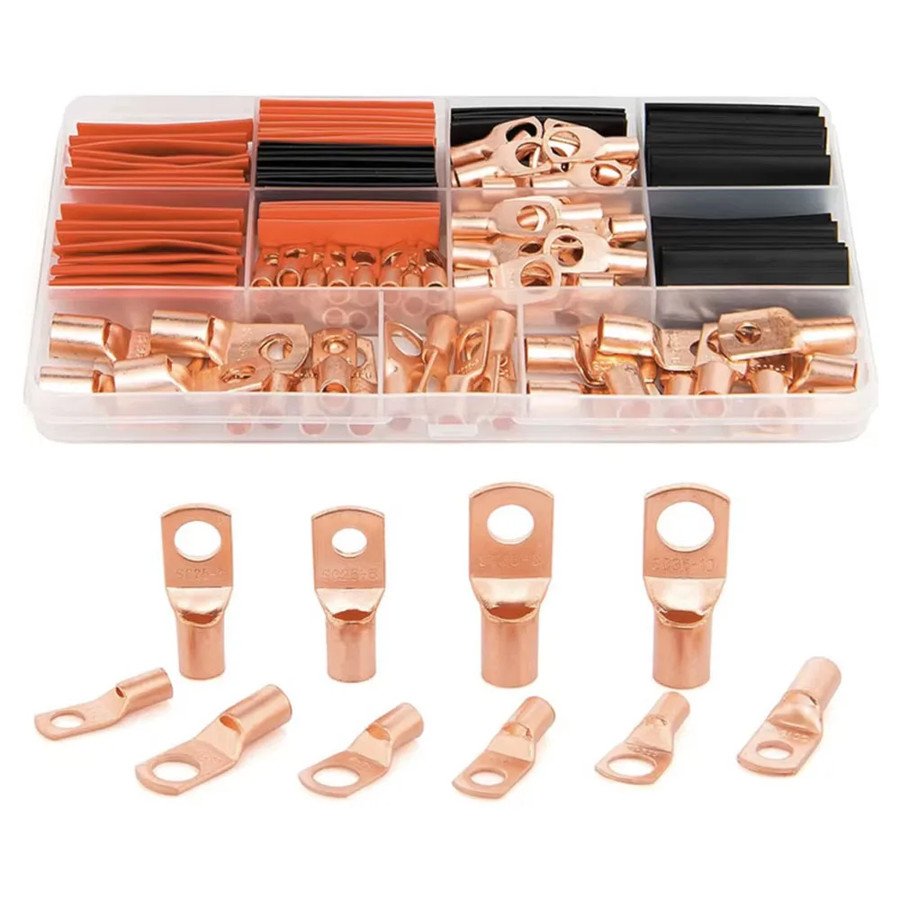 150pcs Battery Cable Ends Awg 2 4 6 8 10 Gauge Wire Connectors,Copper Ring Terminals with Heat Shrink Set Heat Shrink Tubing Kit