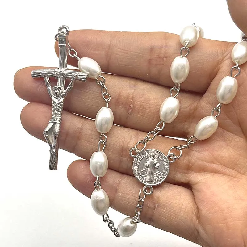 Religious  8*6  Oval  Glass  Pearl  Rosary  Beads  Curved  Needle  Cross  Necklace  Catholic And Can Be Given As Gift Can Prayer