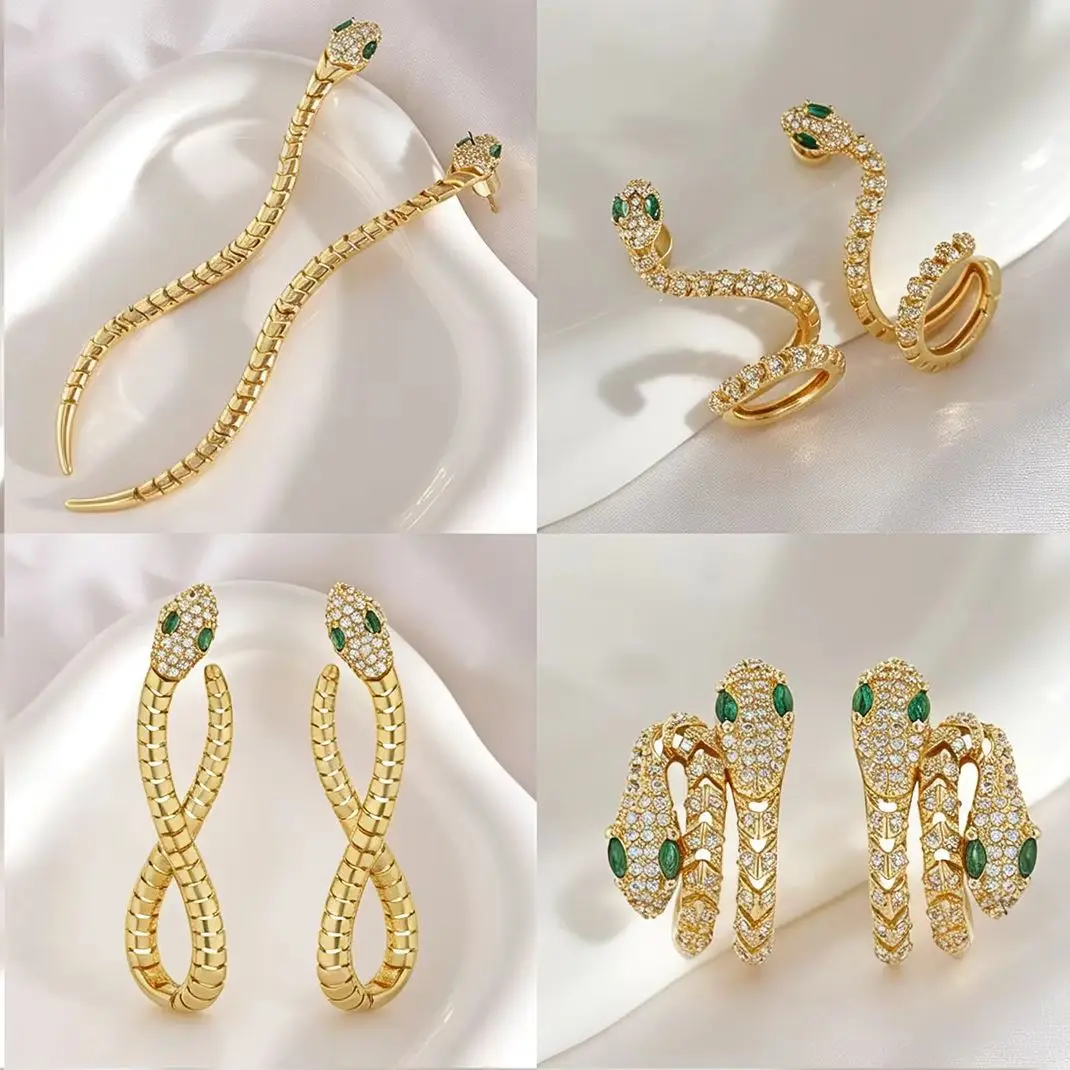 MHS.SUN 3Pairs/Lot Luxury Cubic Zircon Snake Shaped Stud Earrings for Women Men Gold Plated Snake Ear Cuff Fashion Jewelry
