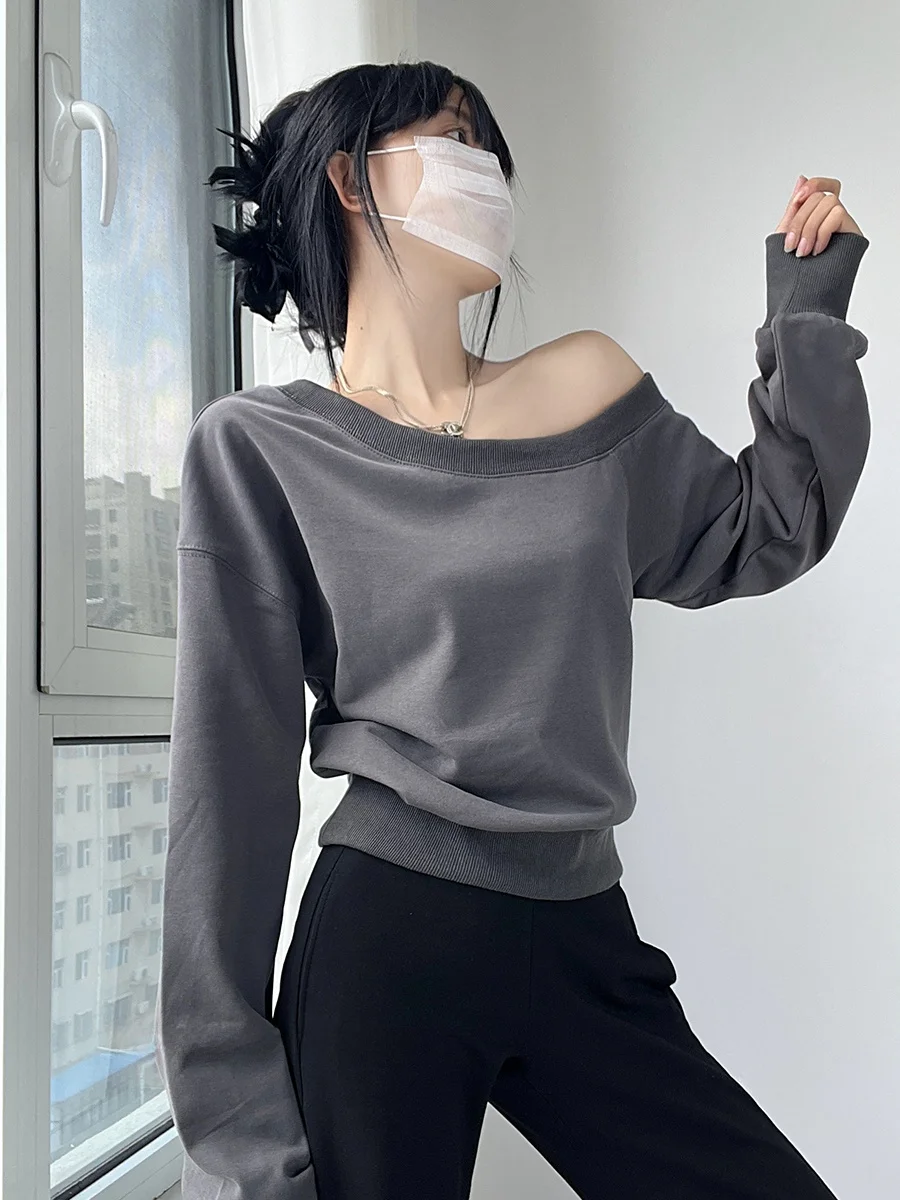 Shoulder Bared Oversized Long Sleeve Hoodie Women's Spring Autumn New Lazy Style off Center Collar Street Fashion Short Length