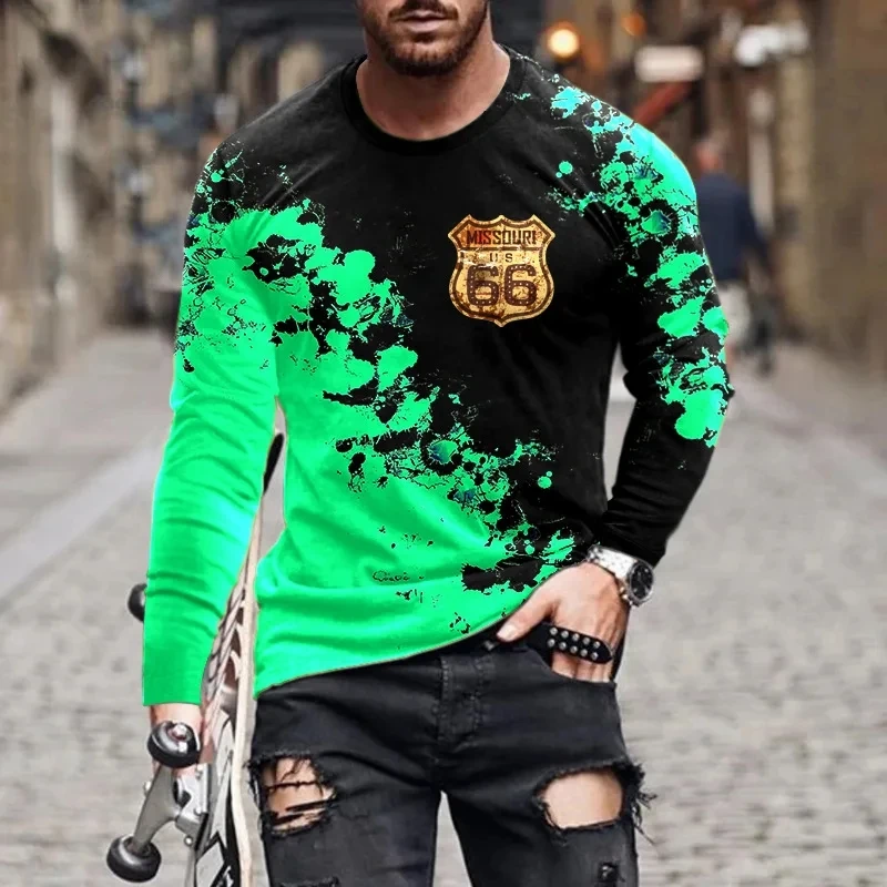 Route 66 Camouflage Pattern Men long sleeved T-shirt Autumn Casual Printed Tees Hip-hop Personality Round Neck Quick-Dry Tops