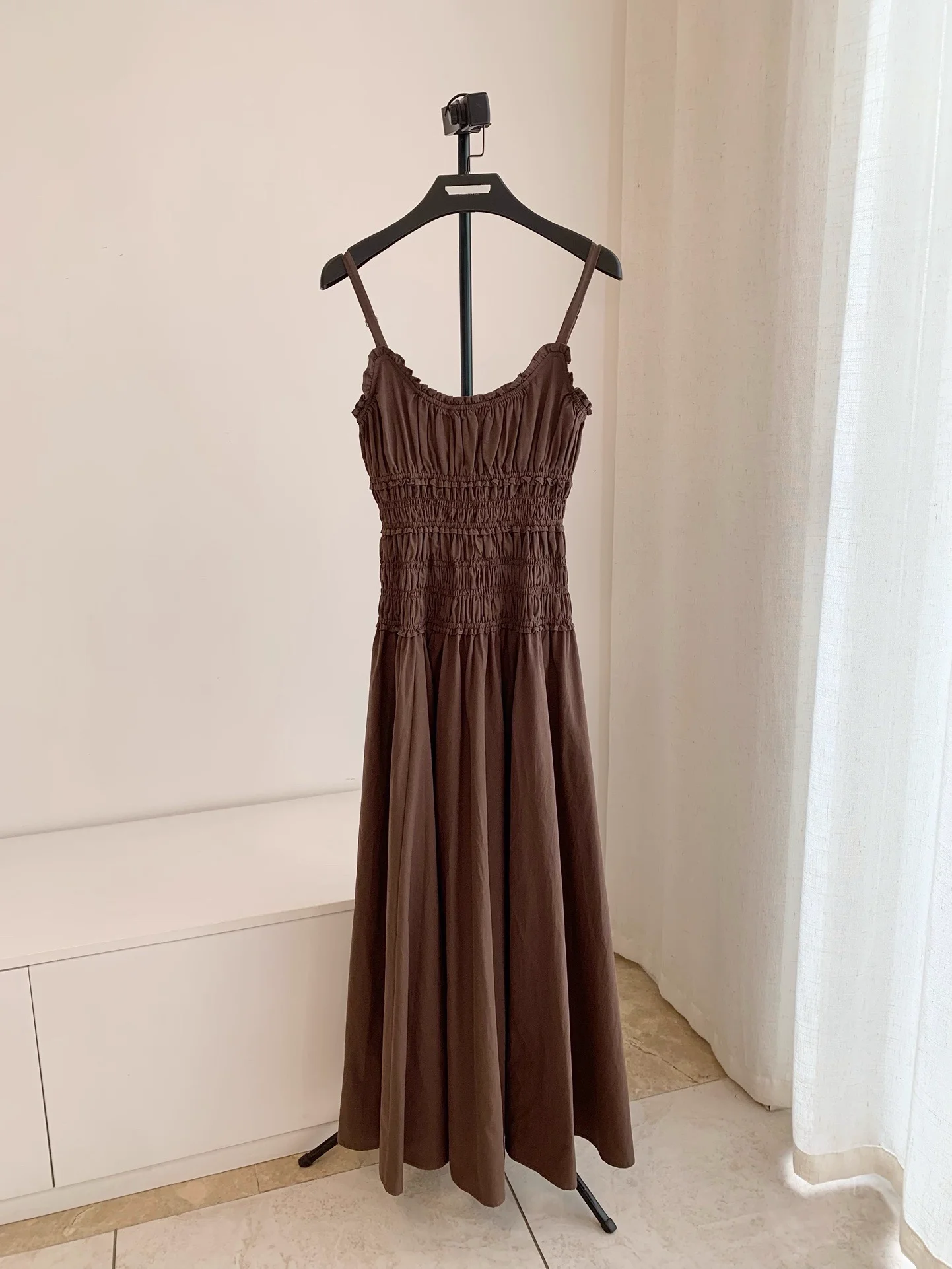 

100% Cotton Women Holiday Sling Robe 2025 New Ruffles Edge Pleated Elastic Waist Round Neck Sleeveless Casual Loose Maxi Dress