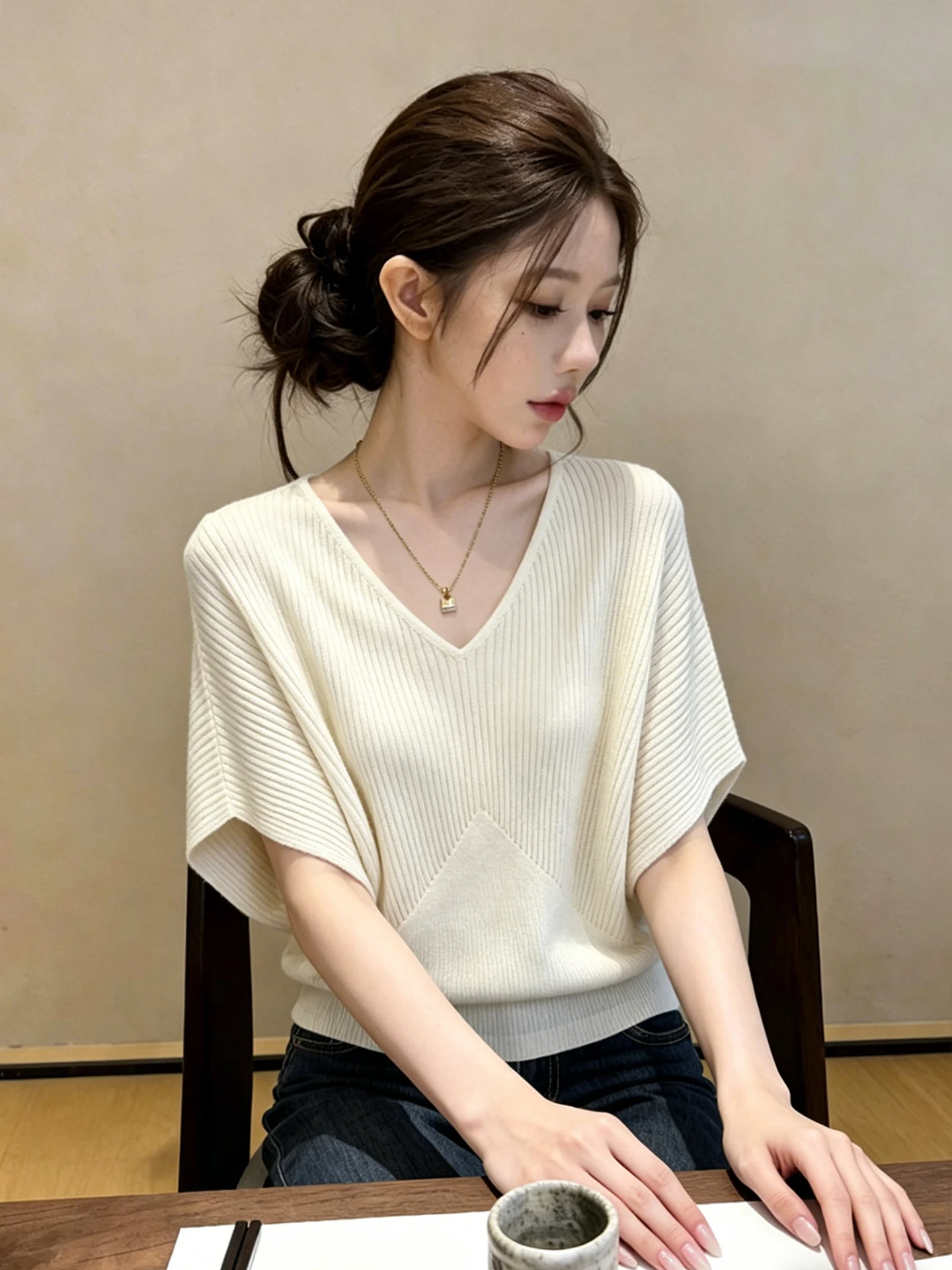 

plus Size Women's Soft Style V-Neck Batwing Sleeve Knitwear Loose Slimming Design Summer Top Korean Fashion Casual Wear