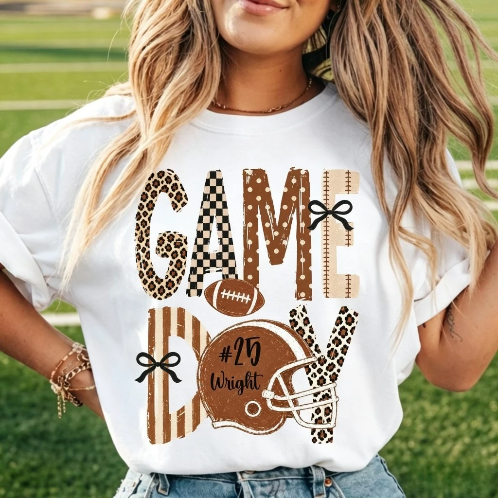 Game Day Football T Shirt Women Leopard Bow Helmet Graphic Tee Casual Sports Team Streetwear Daily Wear Vintage Fashion Top