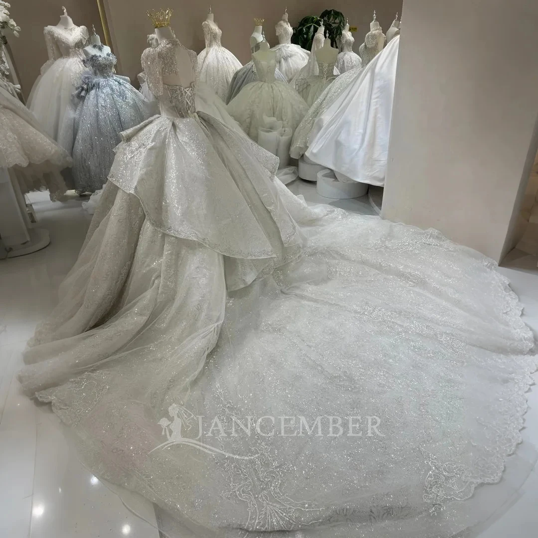 Customized Elegant Short Sleeves Ball Gown Princess Wedding Dresses High Collar Ruffles Lace Made Bridal Gown vestido femininos