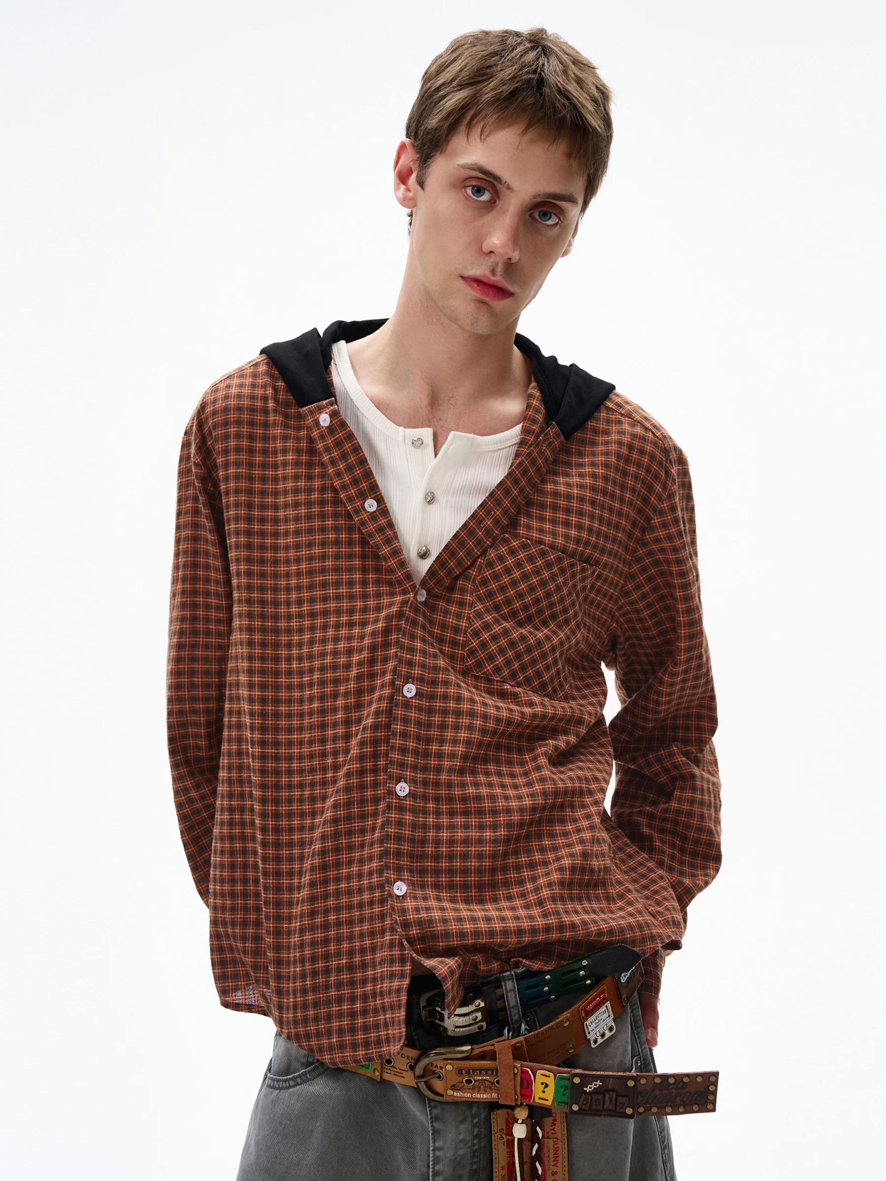 

MADWITCH Ретро клетчатый длинный све с капюшоном irt ex Свободный повседневный вариант для поездок на работу Ранняя осень irt Американский дизайн на пуговицах Хлопок