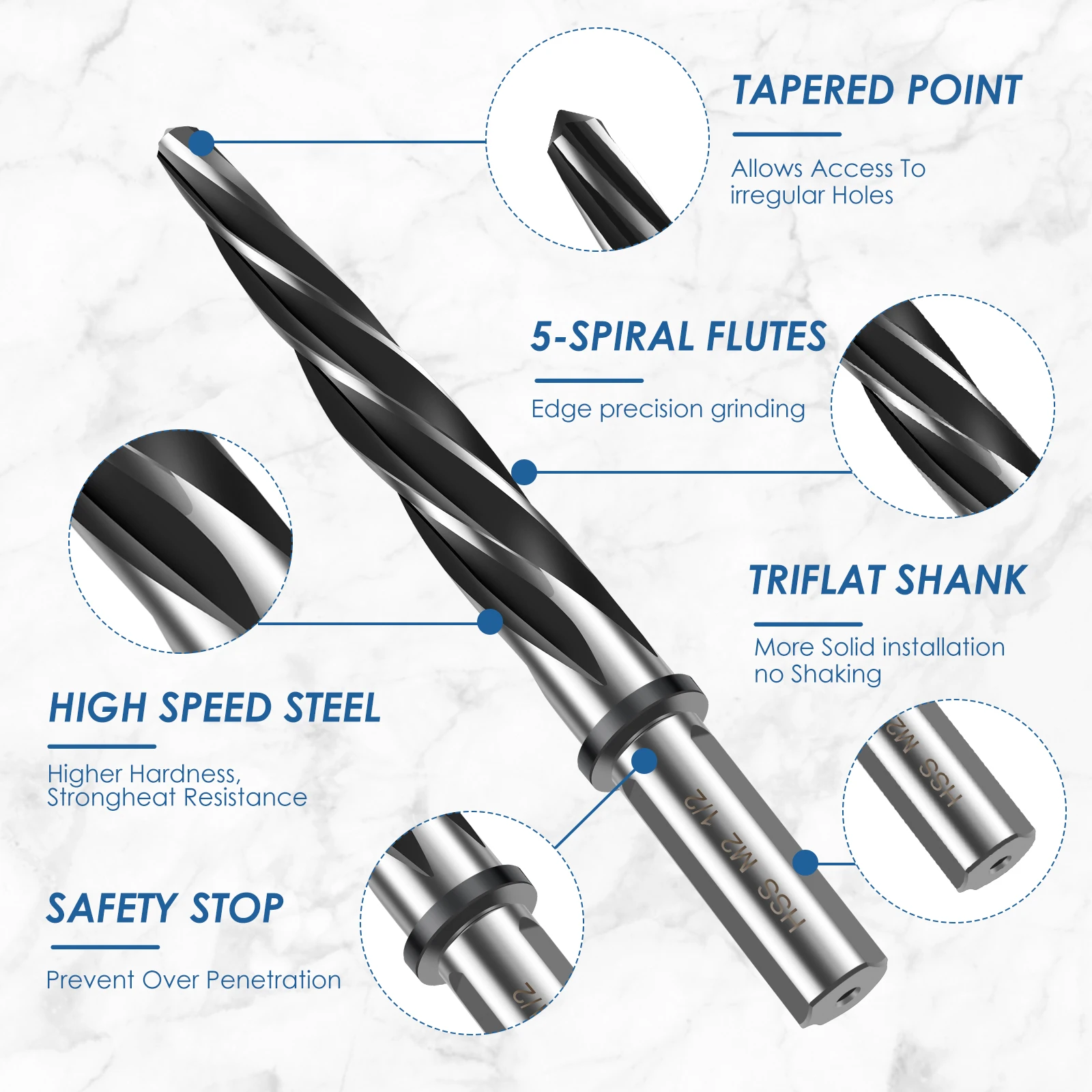 5/8in 3/4in 1/2in Bridge Reamer Tapered Reamer Bridge Construction Reamer Drill Bit HSS with 5 Spiral Flute Align Hole Reamer