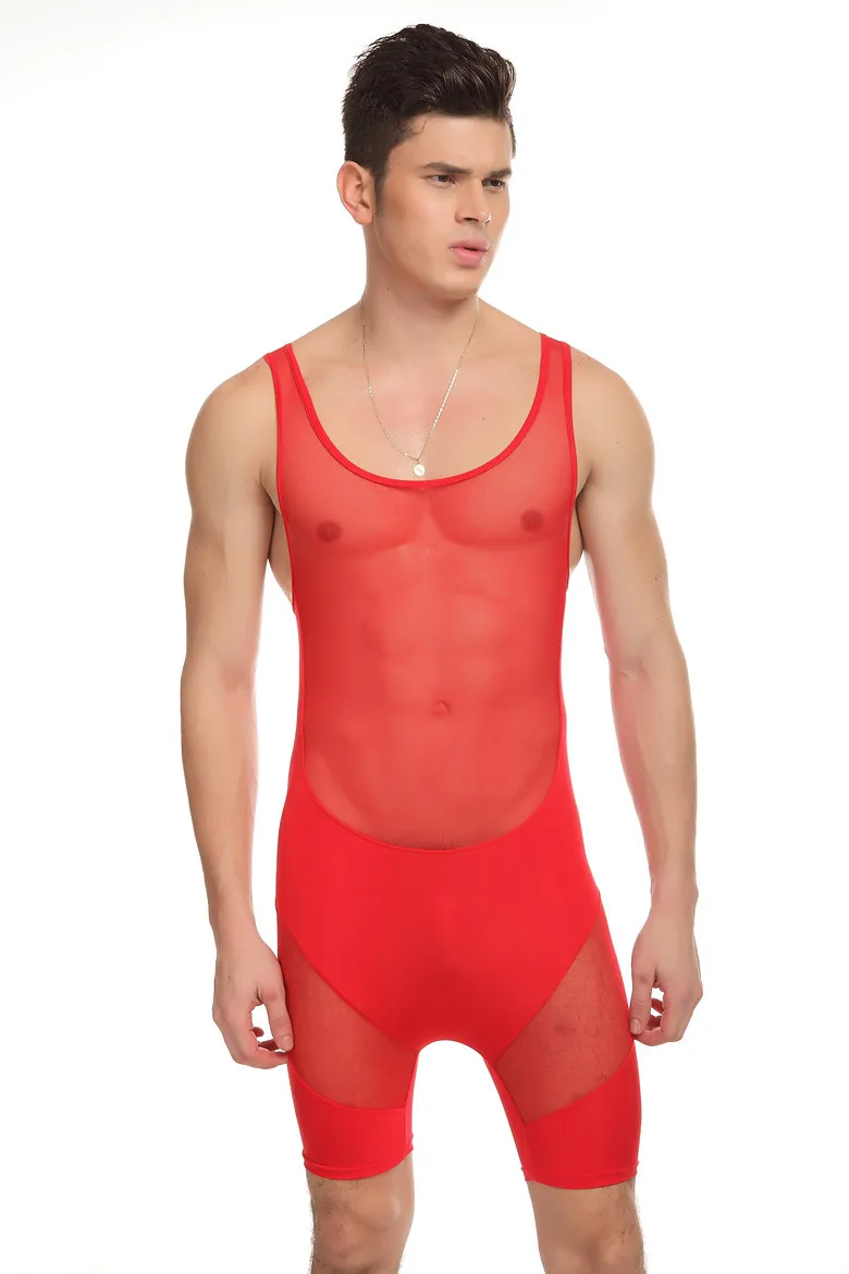 Costumes sexuels une pièce pour hommes, vêtements de musculation sexy, patchwork en maille transparente, sous-vêtements transparents, combinaisons