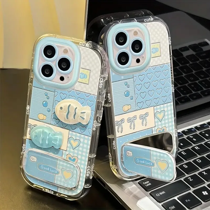 

Чехол для телефона с кремовой сеткой в форме сердца и рыбы для iPhone 14 15 16 Pro Max с зеркальной подставкой, противоударный защитный чехол, тонкий мягкий чехол