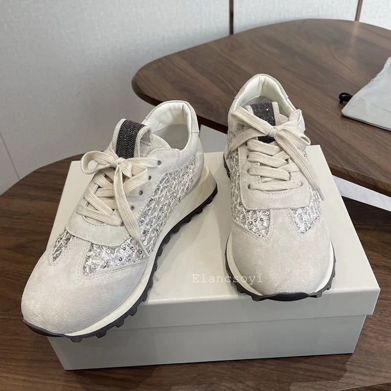 Flat Shoes Women Cow Suede Splicing Mesh Lace Up Casual Shoes Spring Autumn Hollow Surface Breathable Sequin Decor Tennis Shoes