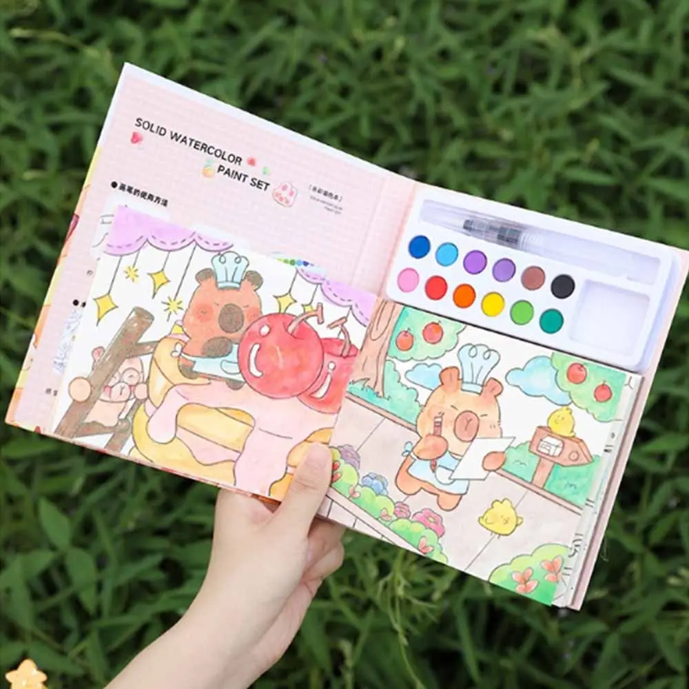 Creative Gouache Graffiti Picture Book Gouache Art with 10-Color Pigment Blocks Blank Doodle Book Set Dip Pens 24 Pages