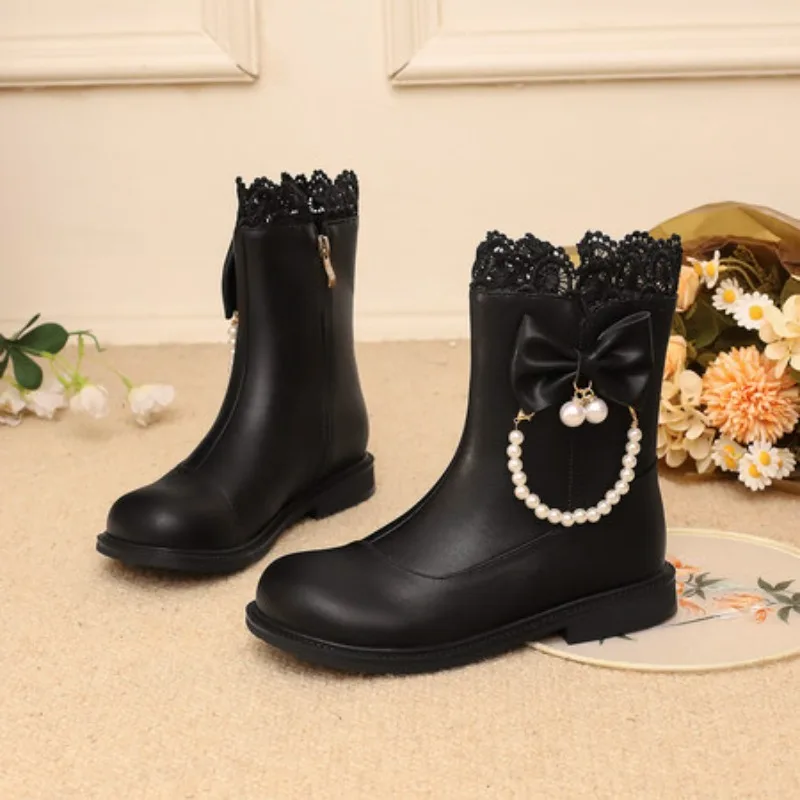 المرأة لطيف الأحذية الجانب سستة حذاء بكعب سميك جولة تو الدانتيل Bowknot حذاء من الجلد الفتيات الأميرة تأثيري فستان الحفلات أحذية موحدة #4