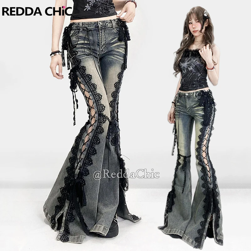 REDDACHiC Eyelets Lace Up Flare Jeans Retro Stitch Lace Whiskers Slim Low Rise Split Bootcut Hose Damen Schlaghosen Streetwear