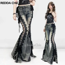 REDDACHiC Eyelets Lace Up Flare Jeans Retro Stitch Lace Whiskers Slim Low Rise Split Bootcut Pants Women Bell Bottoms Streetwear