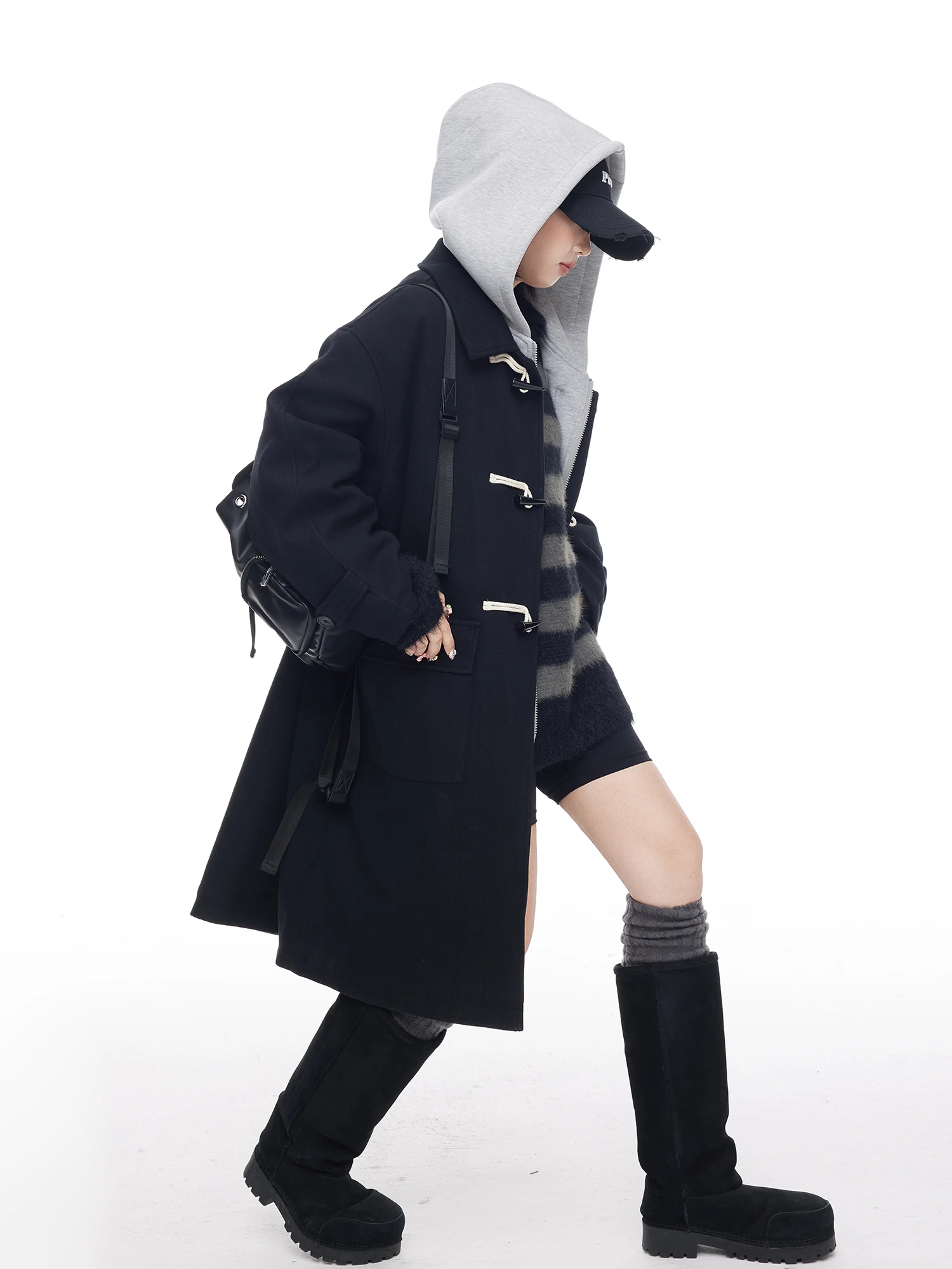 

Американское длинное шерстяное пальто с капюшоном, черное, женское, осенне-зимнее, новое, в стиле Lazy Sle, свободное, теплое, хлопковое