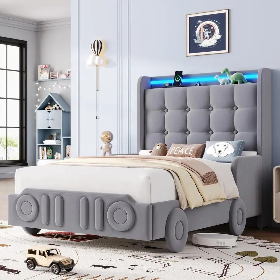 

Двуспальная кровать-платформа с LED-подсветкой и зарядной станцией, с мягким изголовьем на пуговицах и колесиками, без основания.