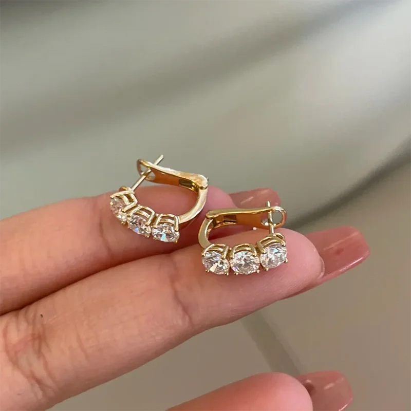 1.2Ctw DEF/VS VVS Three Stones Round Cut HPHT Lab Grown Diamond Hinged backing Hoop 14K 10K Gold Earrings Gifts For Her