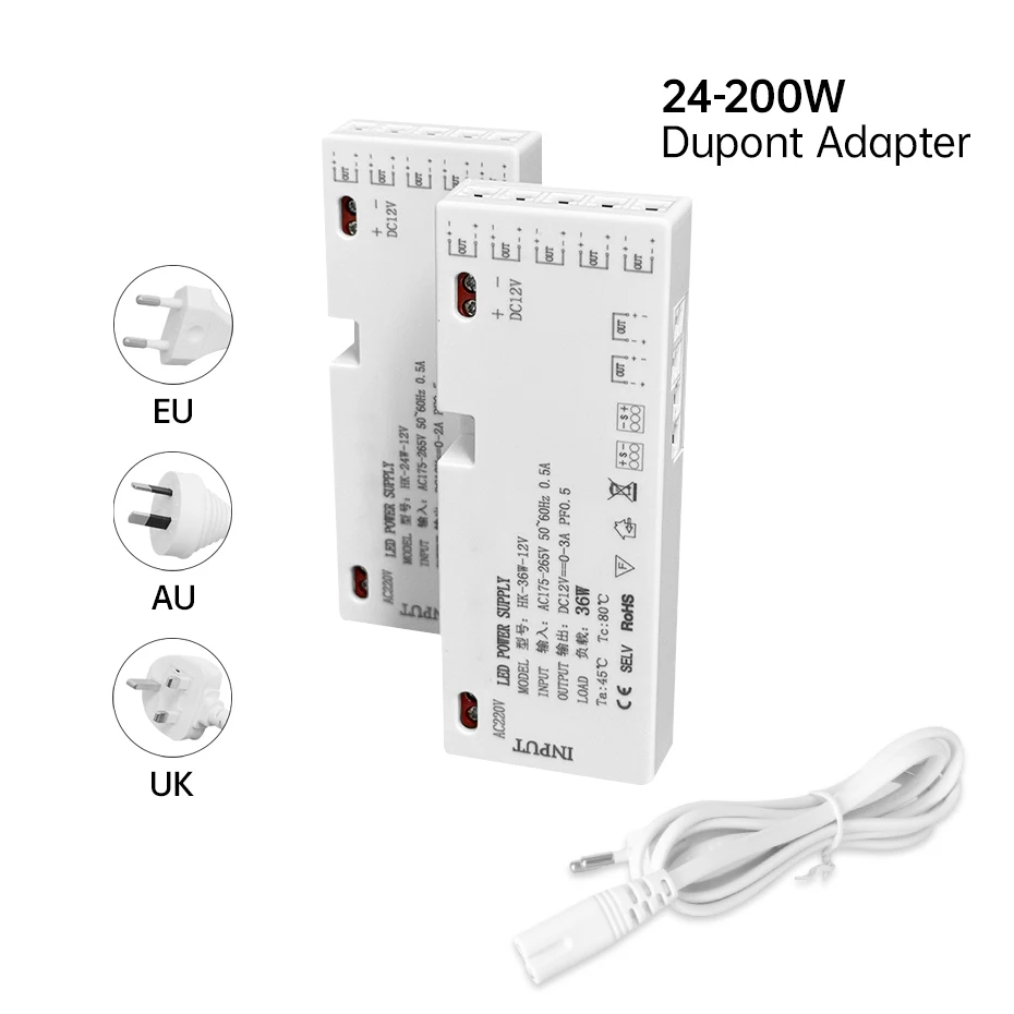 

Dupont Port Swtich Power Supply EU/AU/UK Plug 24W-200W 12V 24V LED Lighting Transformer for LED Cabinet Shelf Lamp Strip Drive