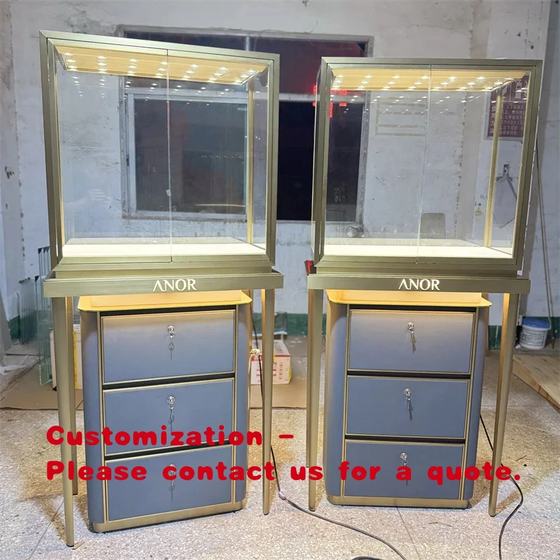 custom.High-End Custom Brushed Stainless Steel Lockable Storage Jewelry Showcase LED-Illuminated Jewelry Display Cabinet