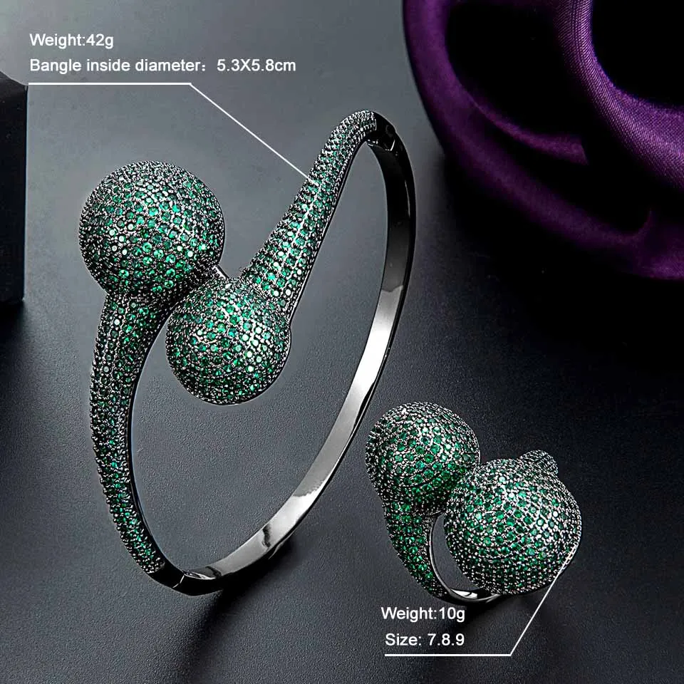 Zlxgirl Green zirconia Crystal Ball shape women bangle ring Jewelry Sets For Wedding Engagement copper bangle&bracelet free ship