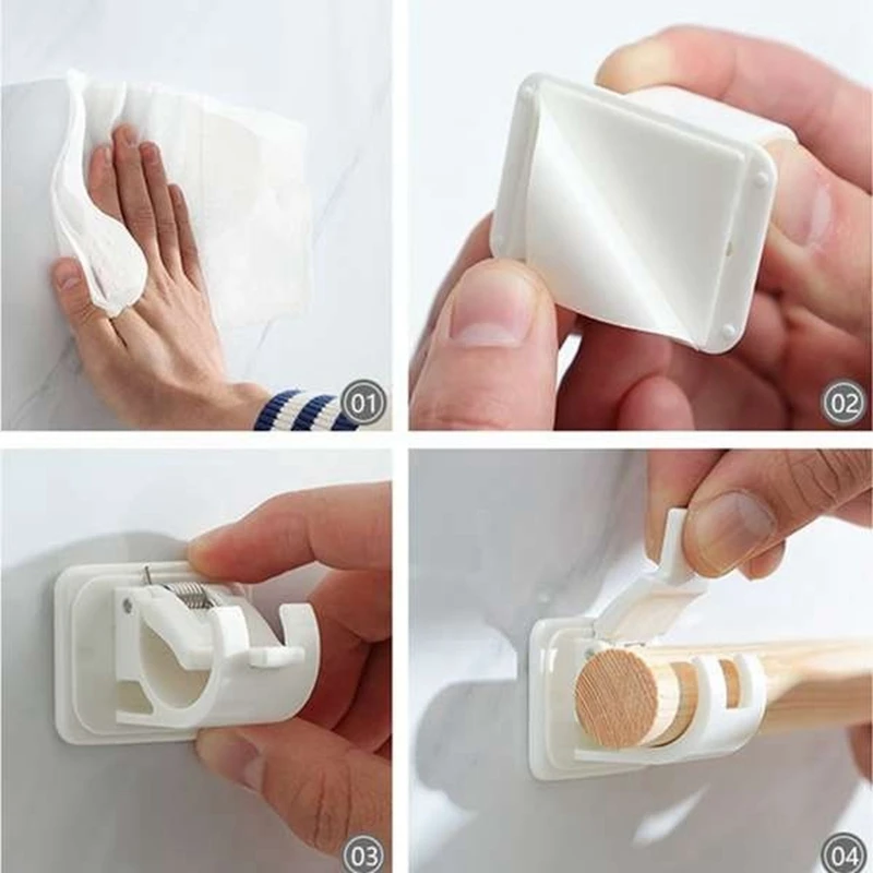 AT02-2Set 4Pcs Self-Adhesive Hooks Wall Mounted Curtain Rod Bracket Shower Curtain Rod Fixed Clip Hanging Rack