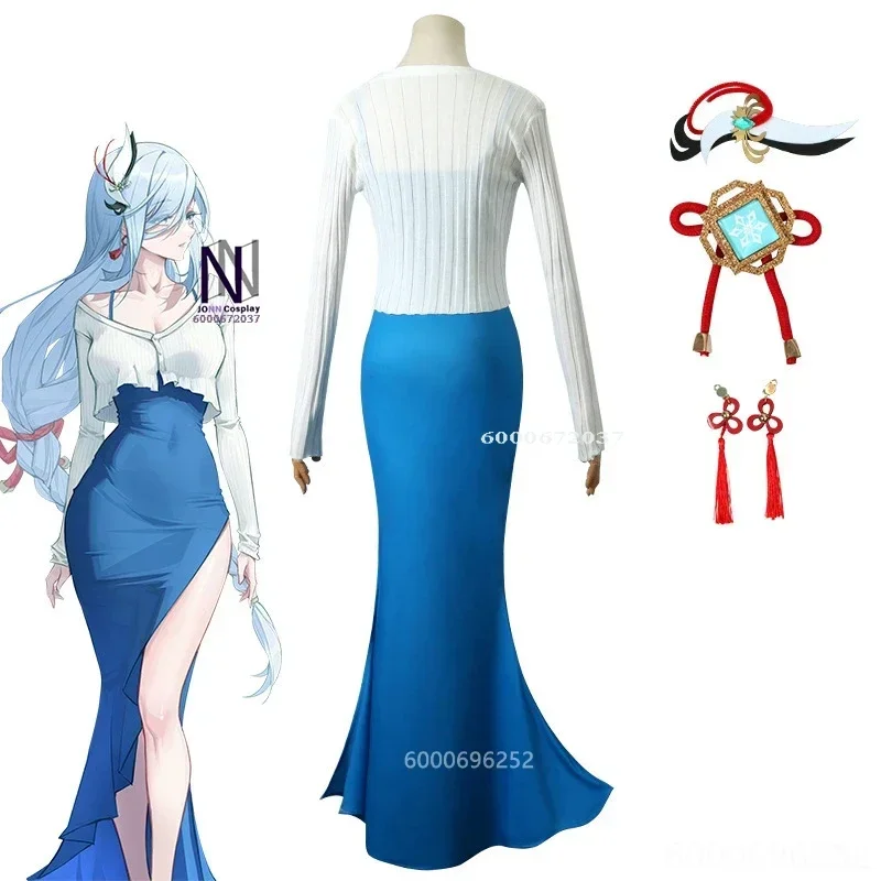 Genshin Impact Game Shenhe Cosplay Dress Wig Costume Daily Blue Dress Casual Wigs Halloween Costumes for Themed Events Hot Sa*.1