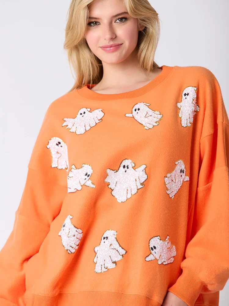 Halloween Ghost Sequins Loose Top Woman Round Neck Long Sleeve Orange Tshirt Sweatshirt New