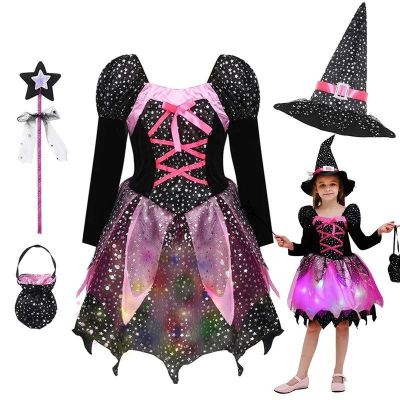 Disfraz de bruja para niñas, vestido de malla con estrellas negras y rosas, accesorios completos, regalo para fiesta de Halloween y cosplay