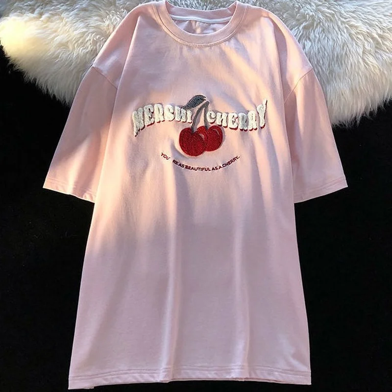 Sweet Girl High Street Flock Cherry Embroidery T Shirts Pure Cotton 2022 Summer Large 3XL Harajuku Oversized Teens Y2k Aesthetic