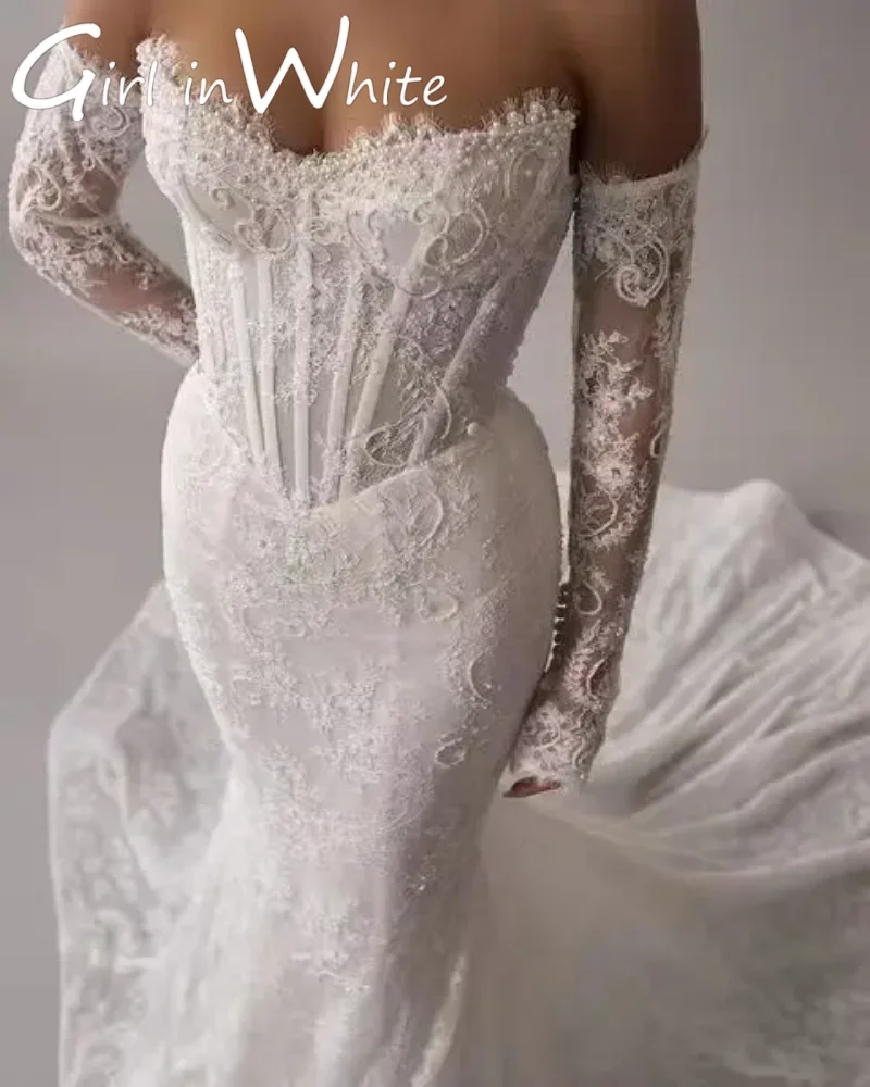 Abiti da sposa con strascico lungo staccabile a sirena in pizzo di lusso 2025 Abiti da sposa con maniche lunghe senza schienale con scollo a cuore personalizzati per le donne