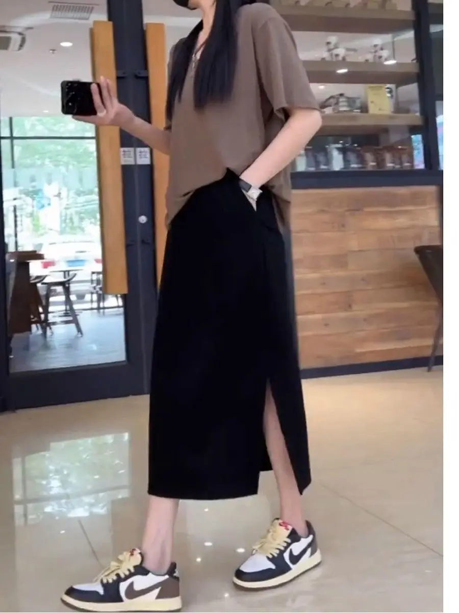 

High-Waisted A-Line Skirt for Women Bla Elastic Mid-Length Slit Semi-Directr Korean Sle Commute Color