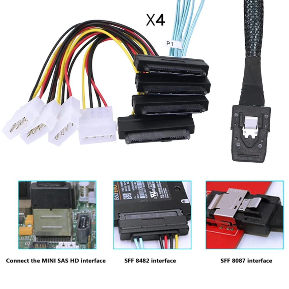 Mini SAS SFF-8087 to SFF-8482 Data Cable with 4X Molex Power Connectors - Compatible with Raid Controller & Hard Drive