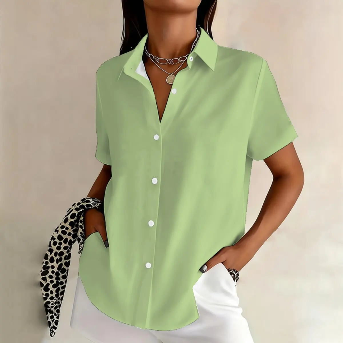 

Simple and personalized green printed summer women's plus size lapel short sleeved shirt, fashionable daily versatile top
