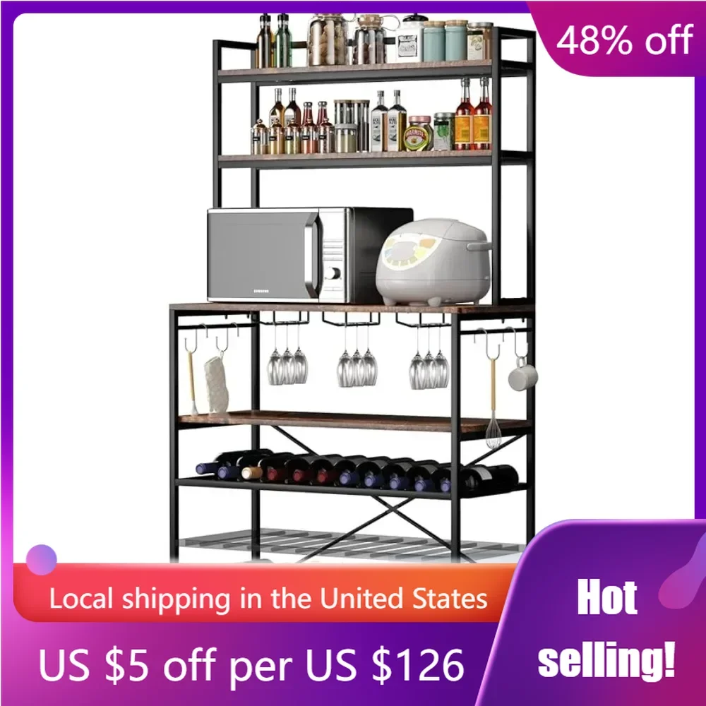 6 Tier Kitchen Bakers Rack With Wine Storage Home and Kitchen Dark Brown Freight Free Barware Dining Bar Garden