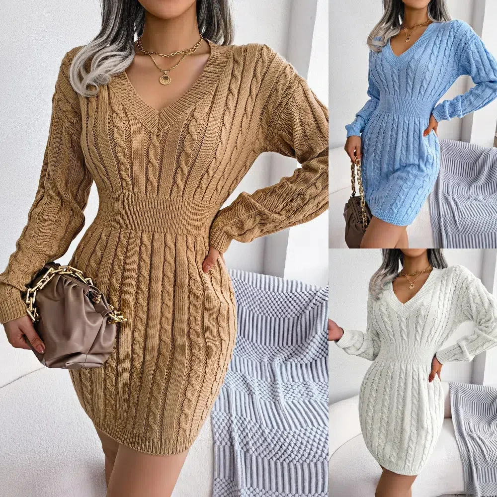 

Ins style live shooting autumn and winter European and American fashion waist Fried Dough Twists wrap buttocks dress wool dress